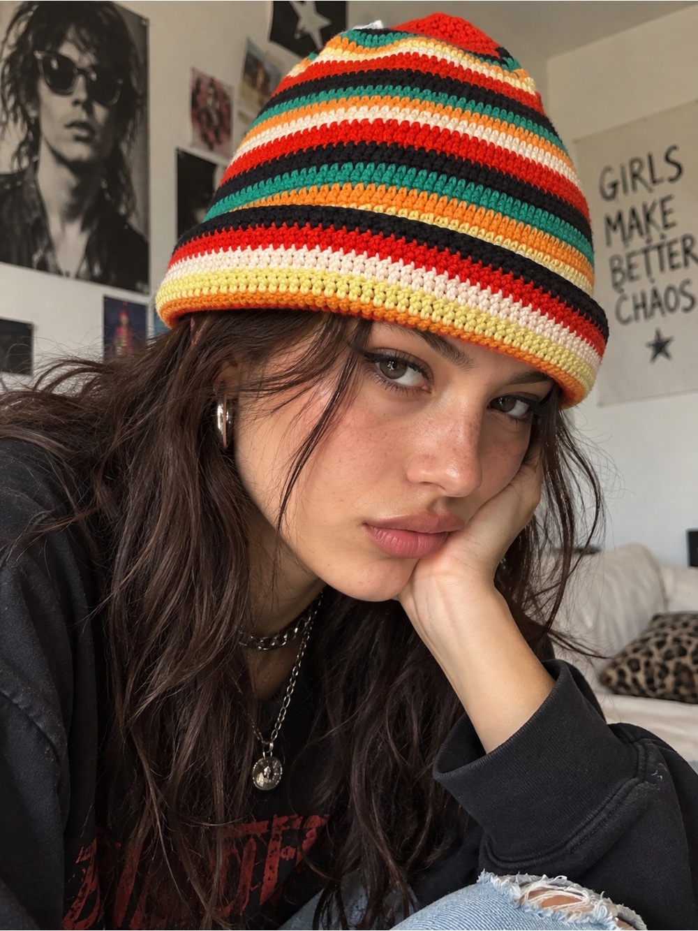 Multicolor Striped Crochet Beanie Hat - Women